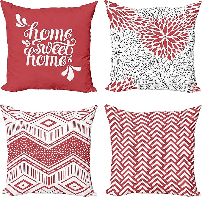 Ambesonne Geometric Throw Pillow Cushion Case Pack of 4, Home Phrase Minimal Zigzag Squama Dahlia Flower Petals Chevron Tribal, Modern Accent Double-Sided Digital Printing, 20", Dark Coral and White