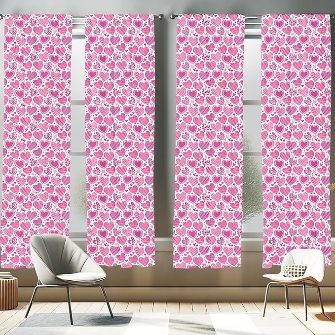 Ambesonne Valentines Window Curtains Pack of 2, Romantic Heart Shapes with Many Different Designs Polka Dots Crossed Lines, Lightweight Set with Rod Pocket, 4 Panels of - 28" x 84", Pink White