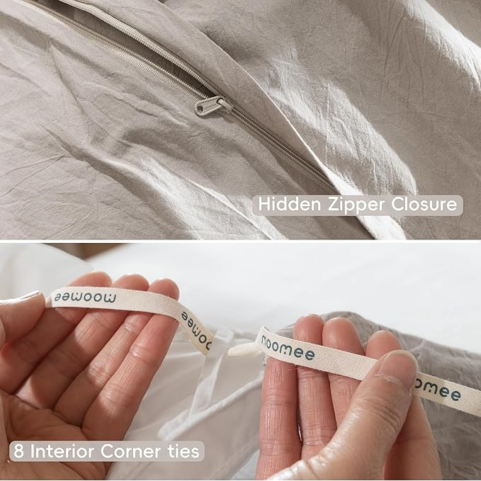 MooMee Bedding Duvet Cover Set 100% Washed Cotton Linen Like Textured Breathable Durable Soft Comfy (Solid Light Tan, Full 80"x90")