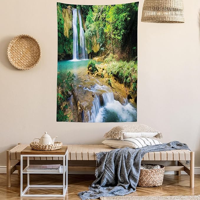 Lunarable Nature Tapestry King Size, Green Forest Waterfall and River Pool Pond Water Source Earth Landscape, Wall Hanging Bedspread Bed Cover Wall Decor, 88" X 88", Pale Brown and Green