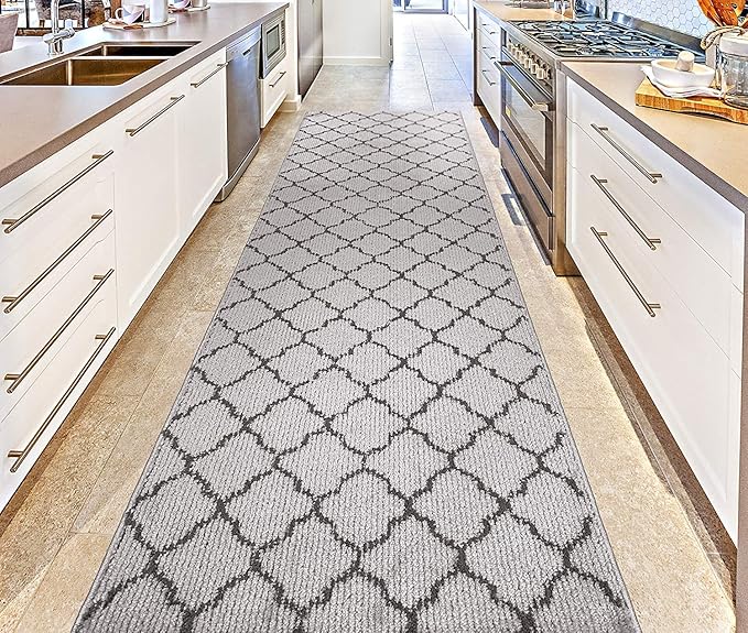 Custom Size Modern Runner Rug Carpet for Hallway Entryway Foyer Kitchen, Slip Resistant Latex Rubber Backed 31 inch Wide X Customized Length, Trellis Grey, 31 inch X 15 feet