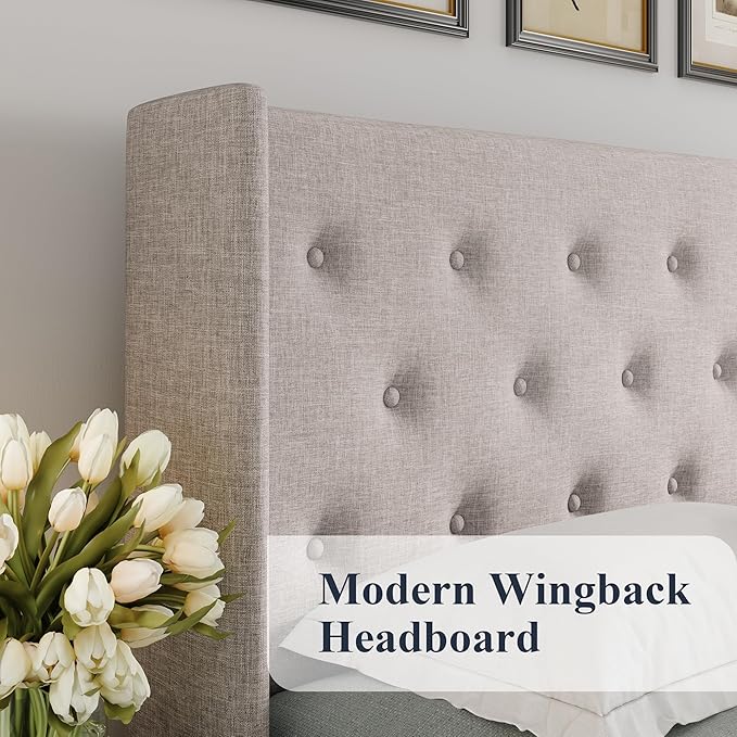 Allewie King Size Lift Up Storage Bed, Button Tufted Headboard with Wingback, Hydraulic Support, No Box Spring Needed, Light Beige