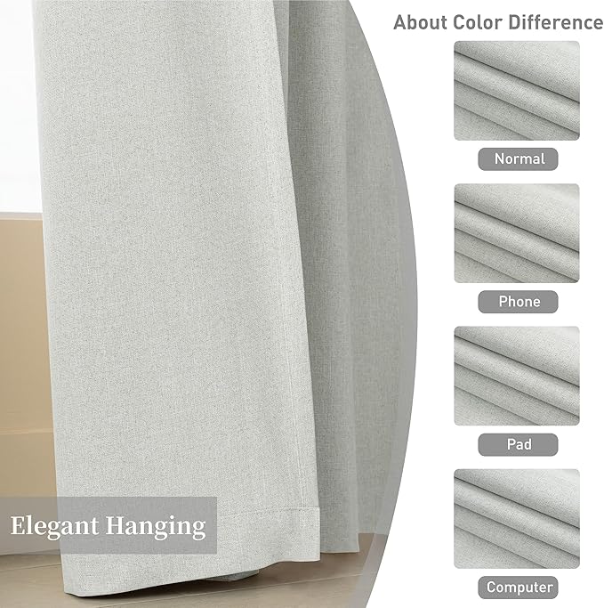 KangBang 90 Inch Linen Textured Curtains Blackout for Bedroom, Room Darkening Thermal Insulated Neutral Scandinavian Style Curtains, Back Tab Hook Belt Pleated Drapes(Greyish White,52Wx90L,2 Panels)