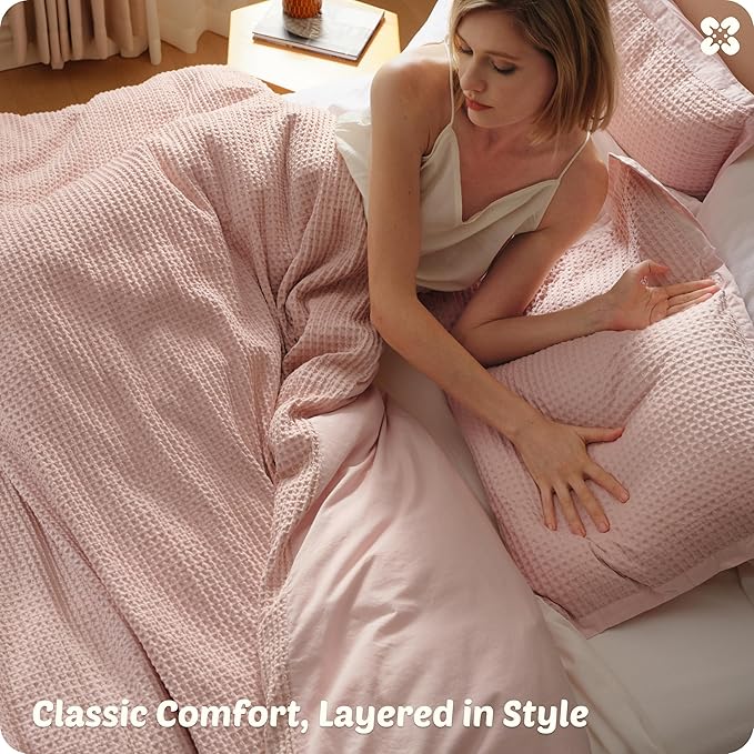 Bedsure Cotton Duvet Cover Queen - 100% Cotton Waffle Weave Pink Duvet Cover Queen Size, GentleSoft™ and Breathable Bedding Set for All Season, 3 Pieces, 90"x90"
