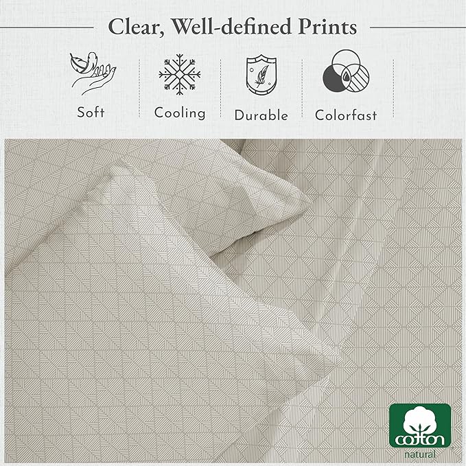 California Design Den Printed King Size Sheets Set - Luxury 400 Thread Count Sateen, Natural 100% Cotton Sheets, Deep Pockets, Cooling and Durable Bedding Set - Taupish-Sage Crosshatch