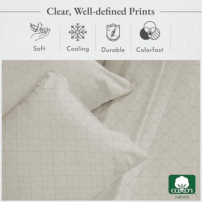 California Design Den Printed Twin XL Sheet Sets - 400 Thread Count, Natural 100% Cotton Sateen, Deep Pocket Extra Long Twin Sheets Set, Cooling and Durable Bedding Set - Taupish-Sage Crosshatch