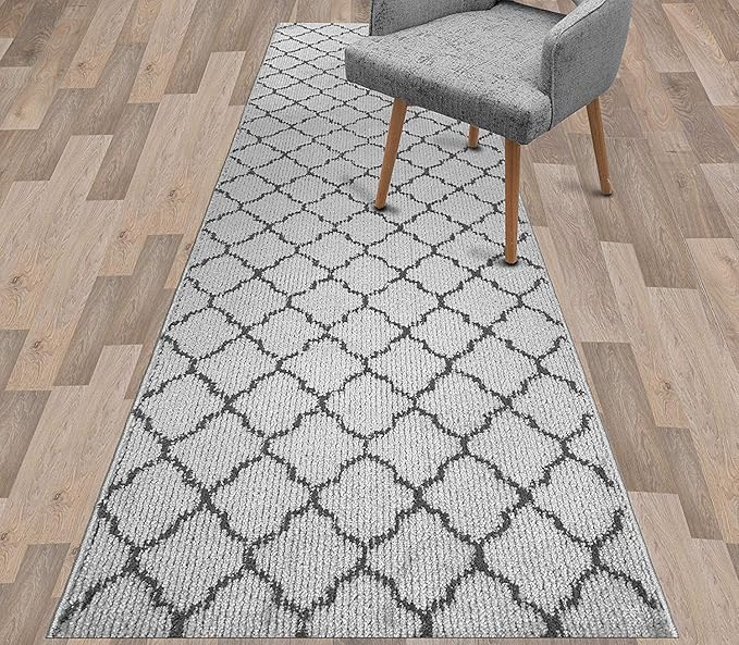 Custom Size Modern Runner Rug Carpet for Hallway Entryway Foyer Kitchen, Slip Resistant Latex Rubber Backed 31 inch Wide X Customized Length, Trellis Grey, 31 inch X 15 feet