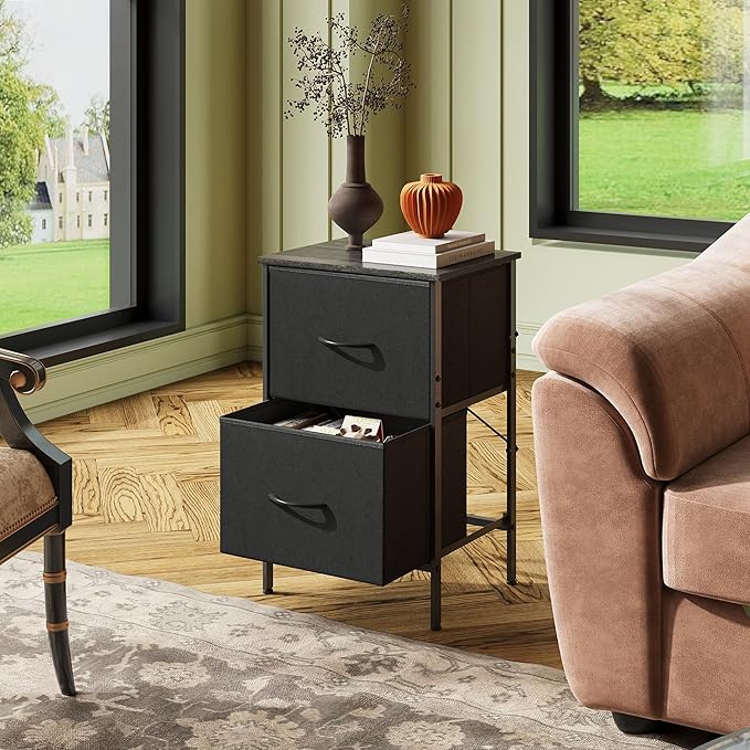 WLIVE Nightstand Set of 2, 2 Drawer Dresser for Bedroom, Small Dresser with 2 Drawers, Bedside Furniture, Night Stand, End Table with Fabric Bins for Bedroom, Dorm, Charcoal Black, Size L