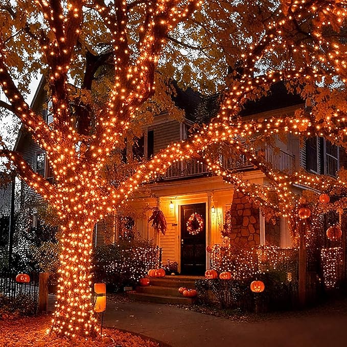 66Ft 200LED Orange Christmas Lights Plug in,Connectable Christmas Tree Lights,8 Modes String Lights Indoor Outdoor for Halloween Tree Party Bedroom Garden Decor (Clear Wire)
