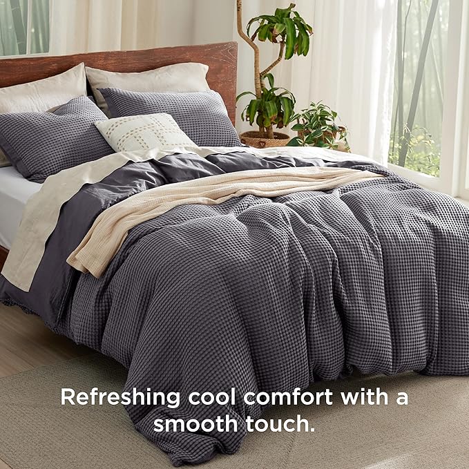 Bedsure Cooling Waffle Duvet Cover Queen - Cotton Blend Rayon Derived from Bamboo Duvet Cover Set for Hot Sleepers, Breathable Bedding Set with a Vintage Charm, 3 Pieces (Charcoal, Queen, 90"x90")