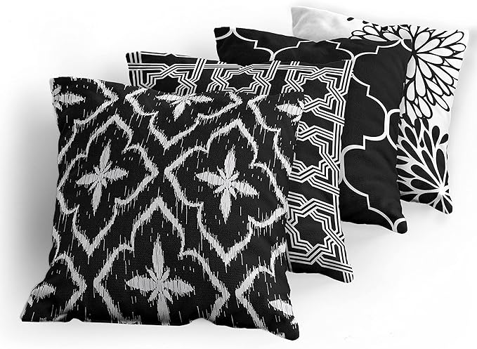 Ambesonne Vintage Throw Pillow Cushion Case Pack of 4, Monochrome Design Grid Trellis Quatrefoil Mesh and Dahlia Flowers Modern, Modern Accent Double-Sided Digital Printing, 24", Charcoal Grey White