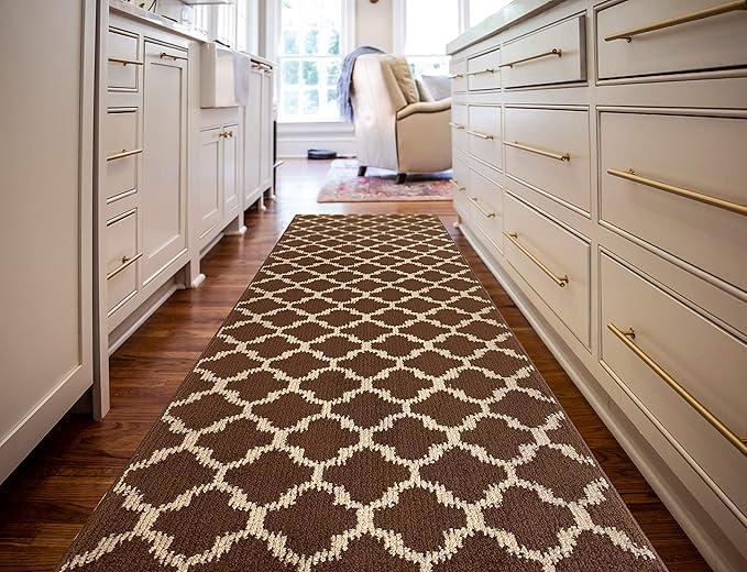 Custom Size Cut to Length Moroccan Trellis Design Runner Rug Mat For Wide Long Hallways with Non-Slip Rubber Backing, Better Traction for Pets, Prevent Slippage, Trellis Brown, 31 inch X 5 feet