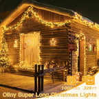 Ollny Christmas Lights Outdoor Waterproof, 1000LED 328FT Super Long String Lights with Remote 3 Timer, Plug in 8 Modes Fairy Light for Outside House Bedroom Xmas Decorations, Warm White