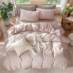 MooMee Bedding Duvet Cover Set 100% Washed Cotton Linen Like Textured Breathable Durable Soft Comfy (Heathered Greyish Pink, Full 80"x90")