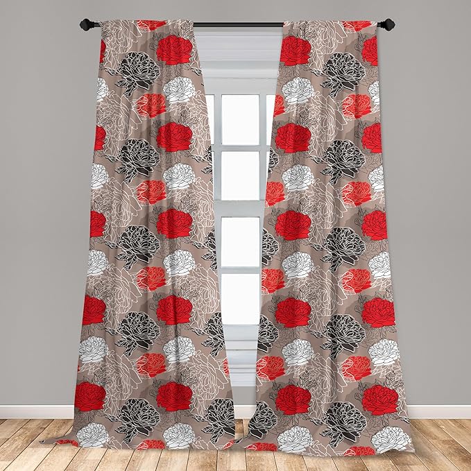 Ambesonne Floral Curtains, Blossoming Peonies Vintage Botanical Composition Abstract Petals and Buds, Window Treatments 2 Panel Set for Living Room Bedroom, Pair of - 28" x 95", Red Grey