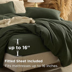 Bedsure 100% Cotton Duvet Cover Queen Size with Fitted Sheet - 4 Pieces Olive Green Waffle Weave Bedding Set, GentleSoft™ and Breathable, Includes 1 Duvet Cover 90x90, 1 Fitted Sheet, 2 Pillow Shams