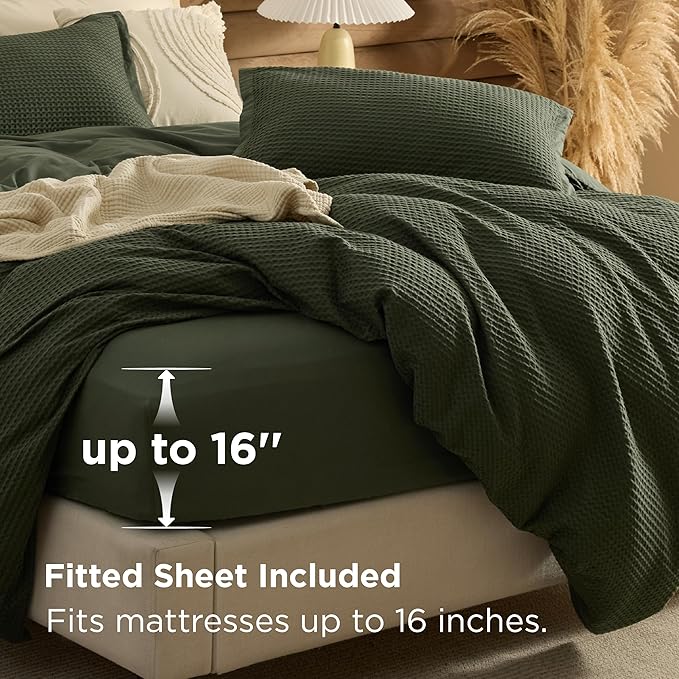 Bedsure 100% Cotton Duvet Cover Queen Size with Fitted Sheet - 4 Pieces Olive Green Waffle Weave Bedding Set, GentleSoft™ and Breathable, Includes 1 Duvet Cover 90x90, 1 Fitted Sheet, 2 Pillow Shams