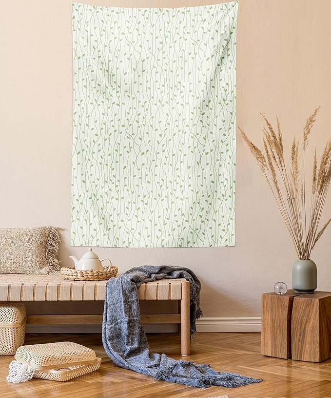 Lunarable Green and Beige Tapestry, Green Leaves on Skinny Tangled Sprigs Fresh Nature Theme Foliage, Wall Hanging for Bedroom Living Room Dorm Decor, 60" X 80", Pistachio Green