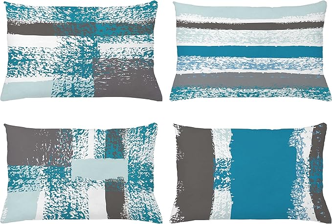 Ambesonne Grunge Throw Pillow Cushion Case Pack of 4, Abstract Design Simplistic Minimal Stripes Brushstrokes Contemporary, Modern Accent Double-Sided Printing, 20" x 12", Sea Blue Grey and White