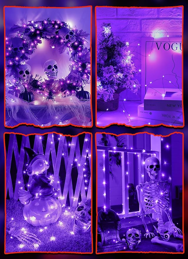 5 Pack Fairy Lights Battery Operated, 7 Feet 20 Led String Lights with Timer, Waterproof Firefly Lights for Party Haunted House Indoor Outdoor Halloween Decorations, 6 Hours on/18 Hours Off, Purple
