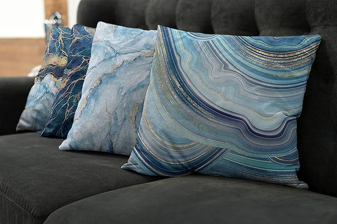 Ambesonne Marble Print Throw Pillow Cushion Case Pack of 4, Modern Themed Pastel Stone Stain Look Veins Aquatic, Tones for Decorative Home Accent Double-Sided Digital Printing, 16", Pale Blue Indigo