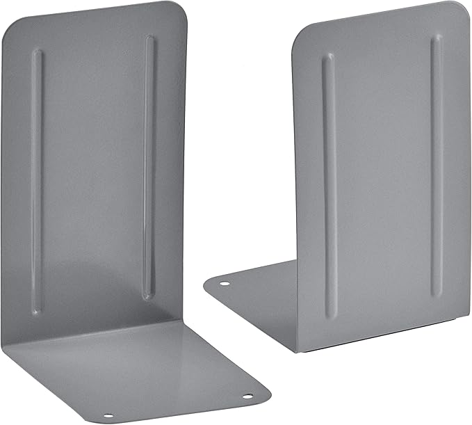 Acrimet Metal Bookends, Non-Skid Book Stand for Shelves, Heavy Duty Book Stopper, 6-7/8" H x 4" W x 4-1/2“ D, Silver, 1 Pair