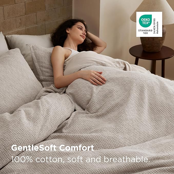 Bedsure Waffle Duvet Cover Queen - Pure Cotton Duvet Cover Linen Color, Space-Dyed for Enhanced Bedroom Aesthetics, GentleSoft™ and Stylish All-Season, 3-Piece Bedding Set with Button Closure, 90"x90"