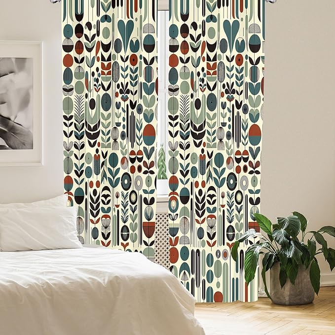 Ambesonne Leafy Art Curtains, Scandinavian Leaves Pattern with Geometric Roundy Modern Boho Print, Window Treatments 2 Panel Set for Living Room Bedroom, Pair of - 28" x 84", Pale Green Redwood Teal