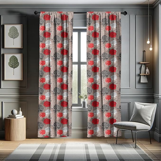 Ambesonne Floral Curtains, Blossoming Peonies Vintage Botanical Composition Abstract Petals and Buds, Window Treatments 2 Panel Set for Living Room Bedroom, Pair of - 28" x 63", Red Grey