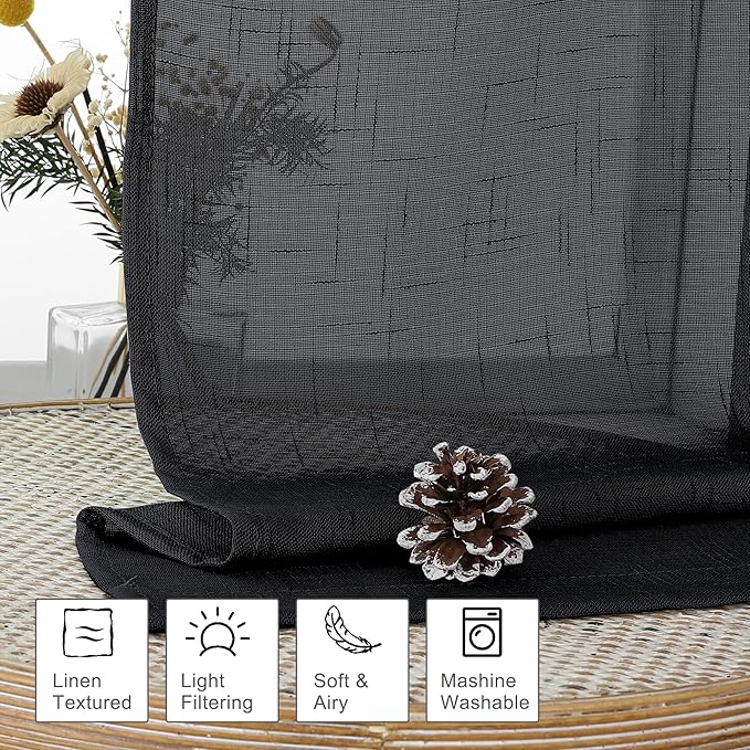 Aiyufeng Sheer Black Kitchen Curtains 24 inch Length 2 PCS, Semi Sheer Linen Curtains for Bedroom, Faux Linen Textured Burlap Short Tier Farmhouse Cafe Curtains for Small Windows, 30Wx24L inch