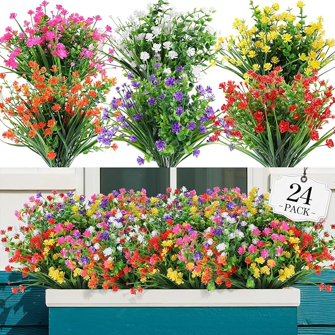 AGIRL 24 Bundles Artificial Flowers Outdoor,No Fade Fake Plastic Flowers Faux Plants for Decoration Hanging Planters Indoor Outside Garden Porch Window Box Home Farmhouse Wedding