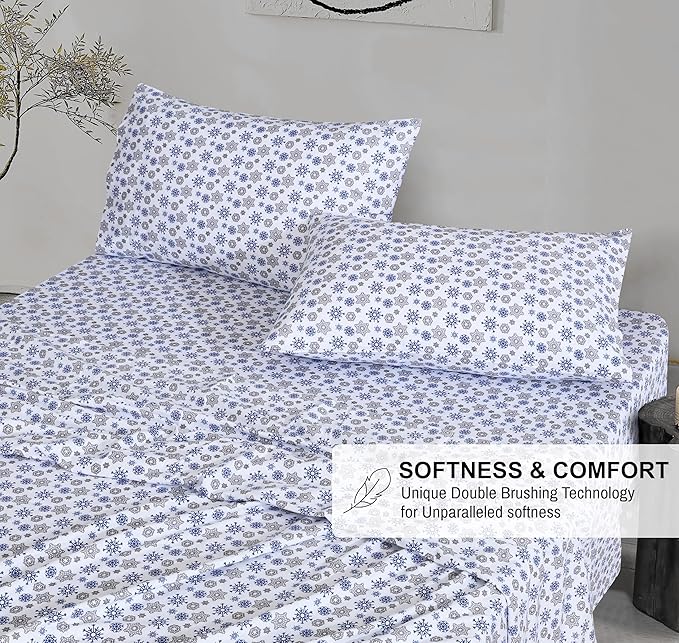 RUVANTI Flannel Sheets Full Size - 100% Cotton Double Brushed Bed Sheets Set, Deep Pockets 16 Inches, All Seasons Breathable & Extra Soft Full Sheets, Warm & Cozy, 4 Piece, Snow Flake Grey