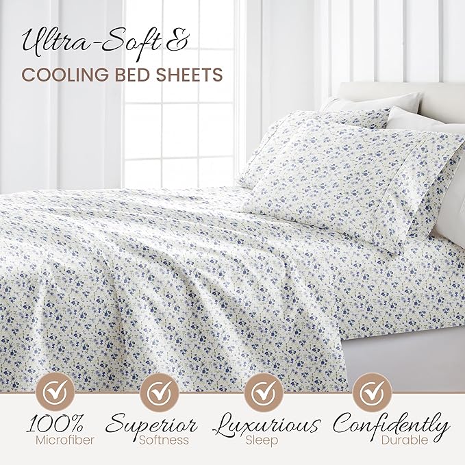 Linen Market 4 Piece Queen Sheet Set - Breathable, Double-Brushed Patterned Cooling Sheets – Oeko-TEX Certified Ultra Soft & Wrinkle-Free 16" Deep-Pocket Queen Sheets - Easy Care Blossoms Light Blue