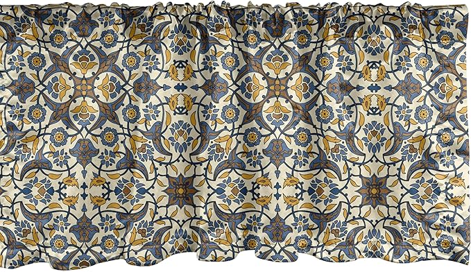 Ambesonne Turkish Pattern Window Valance, Flowers in and Traditional Style, Curtain Valance for Kitchen Bedroom Decor with Rod Pocket, 42" x 18", Earth Yellow Slate Blue