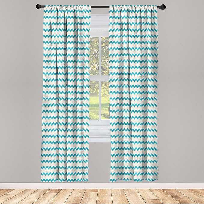Ambesonne Teal Curtains, Horizontal Zigzag Lines Chevron Triangles Pattern Simple Classical Geometric Design, Window Treatments 2 Panel Set for Living Room Bedroom, Pair of - 28" x 63", Cream Teal