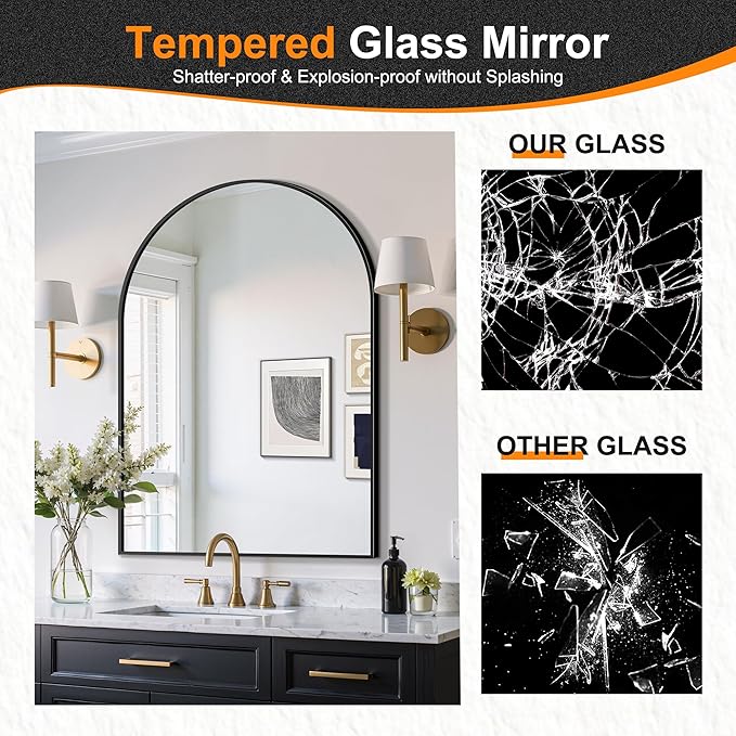 Delma Arched Bathroom Mirror, 28"x40" Wall Mounted Vanity Mirror for Bedroom, Living Room and Entryway, Black