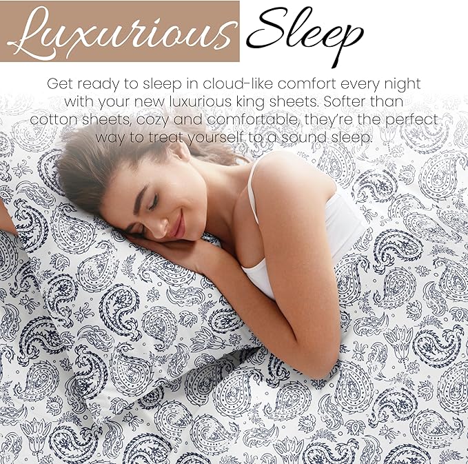 Linen Market 4 Piece King Sheet Set - Breathable, Double-Brushed Patterned Cooling Sheets – Oeko-TEX Certified Ultra Soft & Wrinkle-Free 16" Deep-Pocket King Sheets - Easy Care Coarse Paisley Navy