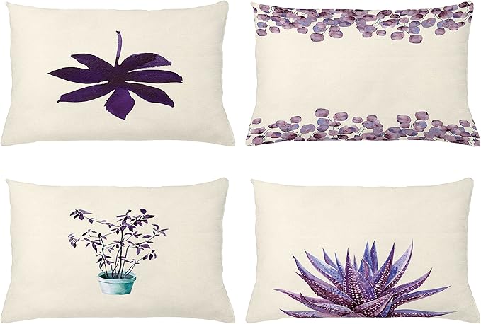 Ambesonne Botanical Throw Pillow Cushion Case Pack of 4, Minimalist Watercolor Painting Leaves Agave Branches Plant in a Pot, Modern Accent Double-Sided Printing, 20" x 12", Quartz and Lavender