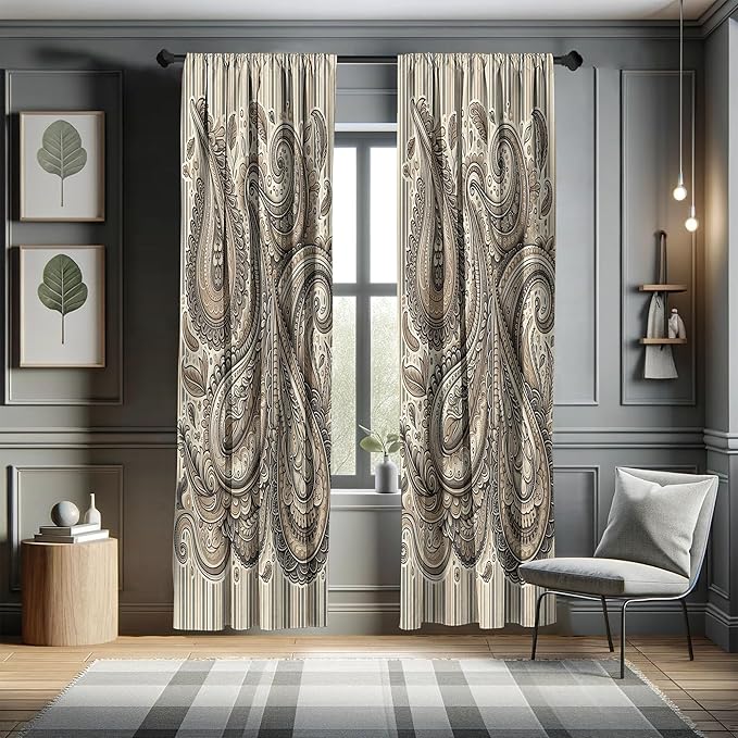 Ambesonne Paisley Window Curtains Pack of 2, Delicate Bohemian Leafy Motives on Stripes in Neutral Muted Colors, Lightweight Set with Rod Pocket, 4 Panels of - 28" x 84", Warm Taupe Ivory and Sepia