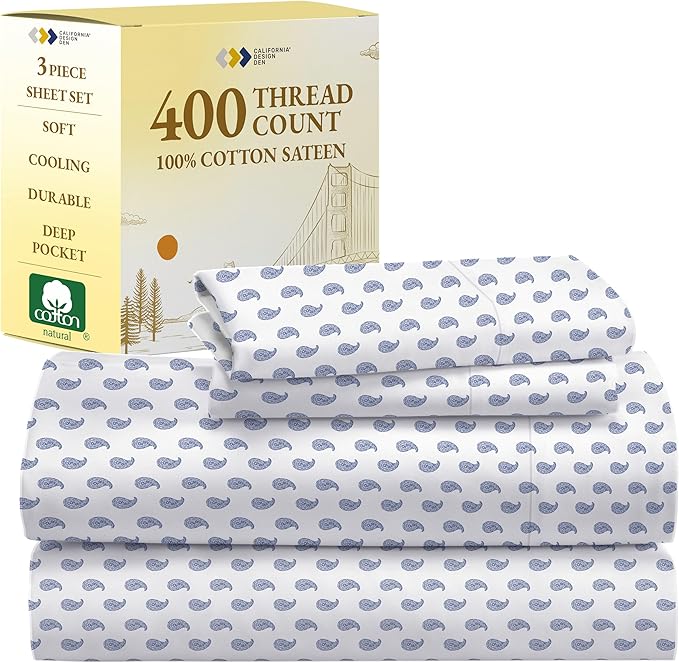 California Design Den Printed Twin XL Sheet Sets - 400 Thread Count Sateen, Natural 100% Cotton Sheets Set, Deep Pockets, Cooling and Durable Bedding Set - Paisley Blue