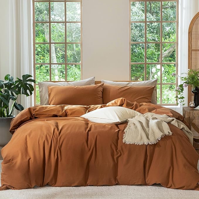 MooMee Bedding Duvet Cover Set 100% Washed Cotton Linen Like Textured Breathable Durable Soft Comfy (Solid Dark Orange, Queen 90"x90")