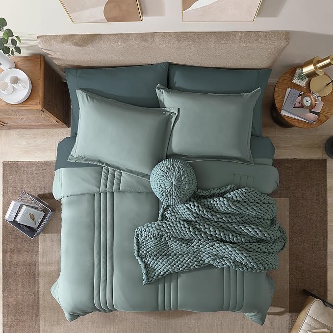 Monbix Oversized Queen Comforter Set - 7 Pieces Sage Green Bed in a Bag Queen Bedding Sets with Comforters, All Seasons Down Alternative Comforter Bed Set with Sheets,Pillowcases & Shams