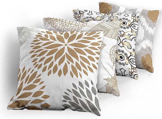 Ambesonne Vintage Throw Pillow Cushion Case Pack of 4, Bohemian Ornamental Leaves Dahlia Pattern Geometric Art Curlicue, Modern Accent Double-Sided Digital Printing, 18", Pale Brown Grey White