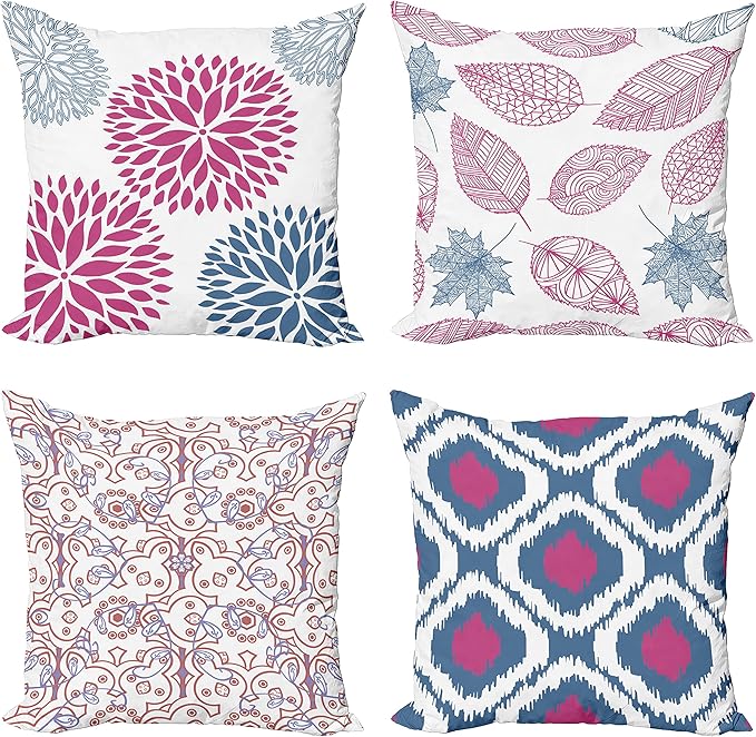 Ambesonne Vintage Throw Pillow Cushion Case Pack of 4, Bohemian Ornamental Leaves Dahlia Pattern Geometric Art Curlicue Motif, Modern Accent Double-Sided Digital Printing, 24", Pink and Dark Sky Blue