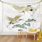 Lunarable Bird Tapestry Twin Size, 2 Japanese Cranes Flying Traditional Painting Style Far Eastern Illustration, Wall Hanging Bedspread Bed Cover Wall Decor, Twin Size, Ivory Green Black