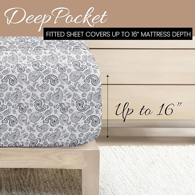 Linen Market 4 Piece King Sheet Set - Breathable, Double-Brushed Patterned Cooling Sheets – Oeko-TEX Certified Ultra Soft & Wrinkle-Free 16" Deep-Pocket King Sheets - Easy Care Coarse Paisley Navy