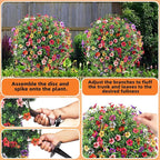 27.5" Artificial Boxwood Topiary Ball Trees with Colorful Flowers, Set of 2 Fake Shrubs Bushes with Ground Spike, UV Resistant Faux Evergreen Plants for Outdoor Planters Front Porch Garden Decor