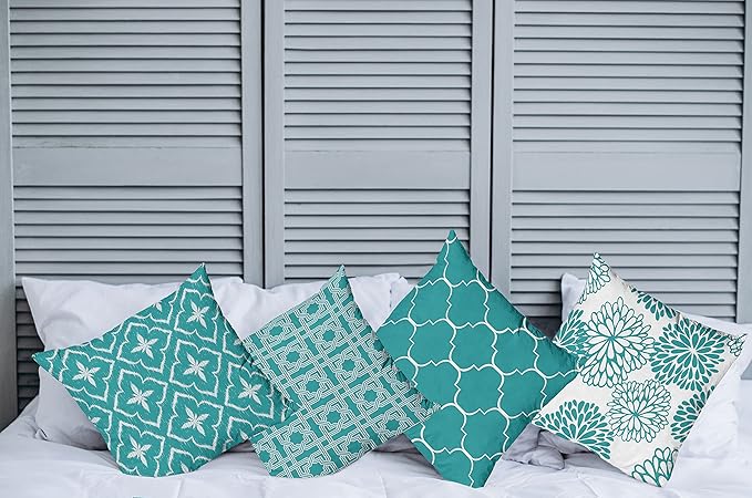 Ambesonne Vintage Throw Pillow Cushion Case Pack of 4, Monochrome Design Grid Trellis Quatrefoil Mesh and Dahlia Flowers Modern Print, Modern Accent Double-Sided Digital Printing, 20", Teal and White
