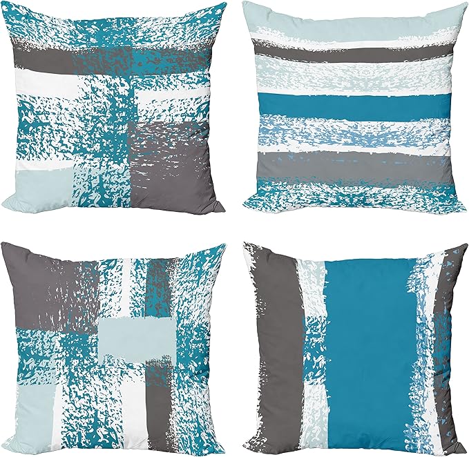 Ambesonne Grunge Throw Pillow Cushion Case Pack of 4, Abstract Design Simplistic Minimal Stripes Brushstrokes Contemporary, Modern Accent Double-Sided Digital Printing, 20", Sea Blue Grey and White
