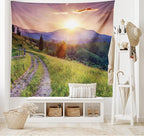 Ambesonne Landscape Tapestry, Sunset in The Mountain Landscape Rural Road Forest Countryside Wonderland Print, Wide Wall Hanging for Bedroom Living Room Dorm, 60" X 40", Green Lilac